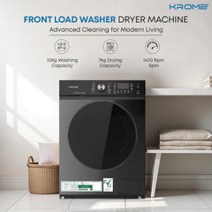 Krome Front Loading Washer Dryer Machine, 10Kg Washing, 7Kg Drying, 1400 RPM, 16 Program, Variable Temp,Foam Sensing & Removal, BLDC Motor, Auto Restart & Balance, Load Detect, Child Lock -KR-WD107STI