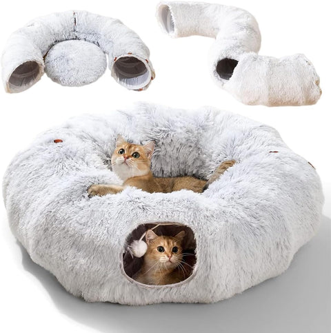 Plush Cat Tunnel Bed with Washable Cushion