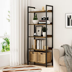 Bookshelf, 5 Tier Bookshelves, Home Office Bookcase Shelf Storage Organizer, Free Standing Storage Shelving Unit for Bedroom, Metal Frame Display Rack for Living Room (Rustic Brown)