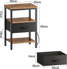 Bedside Table, Nightstand with Adjustable Fabric Drawer, Bedside Stand for Bedroom, 3-Tier Storage Side Table for Living Room, Rustic Brown and Black