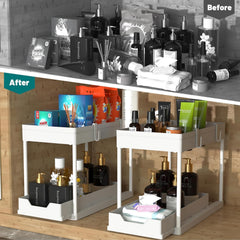 Under Sink Shelf Organizer, 2-Tier White Pull Out Cabinet Storage Shelf
