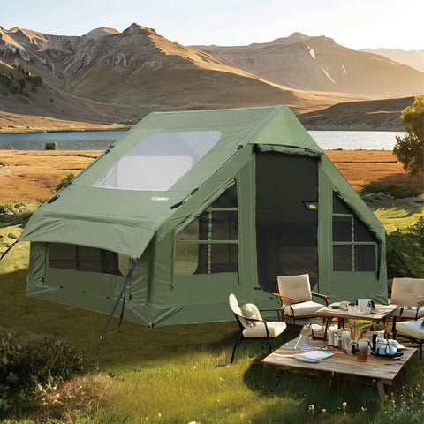 Inflatable Tent for Camping with Hand Pump Blow Up Tent Glamping 4 Season Air, Easy Setup Waterproof Outdoor Oxford Army Green 4-6 Person House Breathable Large Luxury