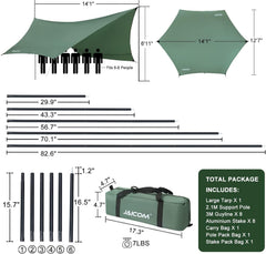 Camping Tarp, 14 X 12FT Tarp with 2 Poles, Waterproof & Lightweight Tent Tarp Car Awning, UV UPF50+ Rain Fly Sun Shelter Can Used with Hammock in Outdoor, Garden and Backpacking
