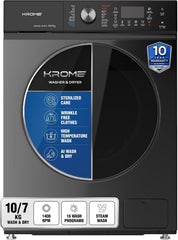 Krome Front Loading Washer Dryer Machine, 10Kg Washing, 7Kg Drying, 1400 RPM, 16 Program, Variable Temp,Foam Sensing & Removal, BLDC Motor, Auto Restart & Balance, Load Detect, Child Lock -KR-WD107STI