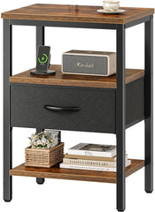 Bedside Table, Nightstand with Adjustable Fabric Drawer, Bedside Stand for Bedroom, 3-Tier Storage Side Table for Living Room, Rustic Brown and Black