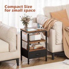 Bedside Table, Nightstand with Adjustable Fabric Drawer, Bedside Stand for Bedroom, 3-Tier Storage Side Table for Living Room, Rustic Brown and Black