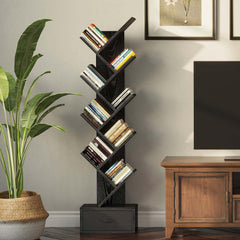Tree Bookshelf with Drawer, 9 Shelf Rustic, Retro Wood Storage Rack for CDs/Movies/Books