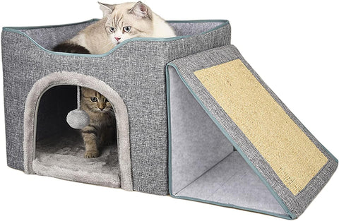 NeoStyle Multifunction Cat House,Cat Bed for Indoor Cats,Cat Nest,Foldable Cat Cube Cave,Large Pet Play House with Fluffy Ball Hanging,Scratch Pad and Detachable Storage Box (2-pieces, grey)