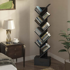 Tree Bookshelf with Drawer, 9 Shelf Rustic, Retro Wood Storage Rack for CDs/Movies/Books