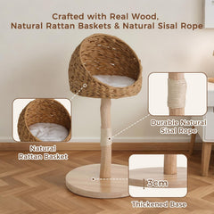 Wood Cat Tree Tower, Natural Cat Tree Tower with Woven Baskets