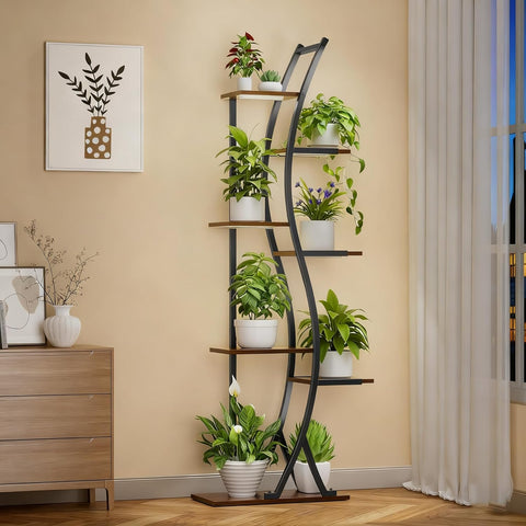 158cm Tall Indoor Plant Stand– 7-Tier Metal & Wooden Corner Shelf, Large S-Shaped Flower Rack for Multiple Indoor Plants, Living Room/Garden/Patio Decor, no plant growth lights included
