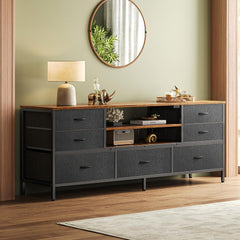 TV Stand Dresser– 7-Drawer Entertainment Center for 60-Inch TVs, TV Console with Open Shelves, Fabric Dresser (PU Leather), Rustic Brown & Black