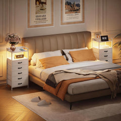 Nightstand with 5 Storage Drawers, Tall Dresser for Bedroom, Side Table Nightstand for Closet, Fabric Bins, Metal Frame, and Wood Shelf