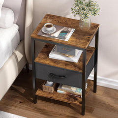 Bedside Table, Nightstand with Adjustable Fabric Drawer, Bedside Stand for Bedroom, 3-Tier Storage Side Table for Living Room, Rustic Brown and Black