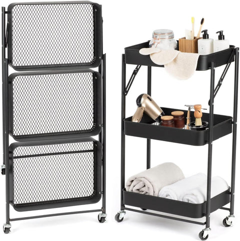 3 Tiers Foldable Storage Trolley Cart Kitchen utility carts Foldable Rolling Carts Trolley with Locking Wheels for Kitchen Multi-purpose Shelving Organizer (black)