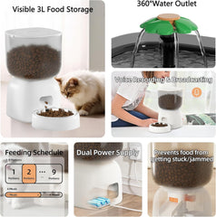 Automatic Cat Feeder with Cat Water Fountain | Smart WiFi Control, Voice Recorder & Customizable Portion Control | 2-in-1 Combo Set for Cats | Pet Supplies with Stainless Steel Bowl