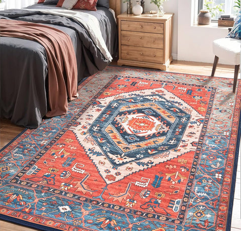 Area Rugs Rust Boho Rug, Vintage Washable Area Rugs Non Slip, Ultra Soft Print Distressed Tribal Entry Rug Low Pile Throw Rug Carpet for Nursery Dorm Kitchen Living Room Decor-Rust/Multi, 120 x 160 cm