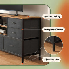 TV Stand Dresser– 7-Drawer Entertainment Center for 60-Inch TVs, TV Console with Open Shelves, Fabric Dresser (PU Leather), Rustic Brown & Black