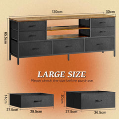 TV Stand Dresser– 7-Drawer Entertainment Center for 60-Inch TVs, TV Console with Open Shelves, Fabric Dresser (PU Leather), Rustic Brown & Black