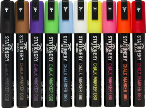 Stationery Island Chalk Pens D60 6mm Chisel Nib – Dry Wipe Erase Chalk Markers Pack of 10 Colours