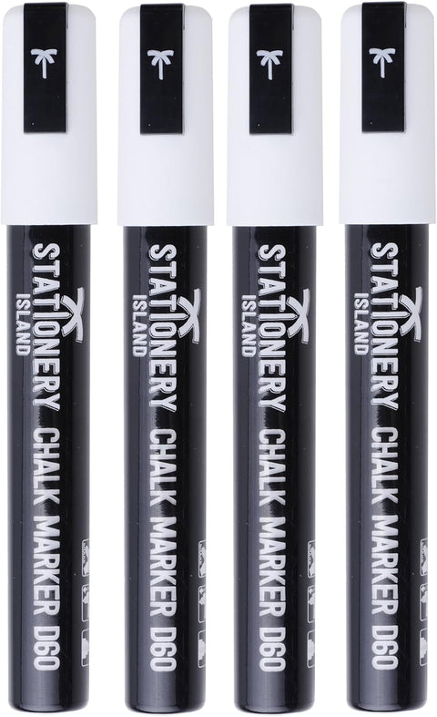 D60 Dry Erase White Liquid Chalk Pen - 6mm Chisel Tip - Pack of 4 White Chalk Markers