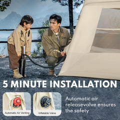 Inflatable Tents for Camping, Blow Up Tent with Hand Pump, 3-4 Person Air Glamping Tent with Canopy, Easy Setup 4 Season Waterproof Windproof Outdoor Glamping House（Brown）