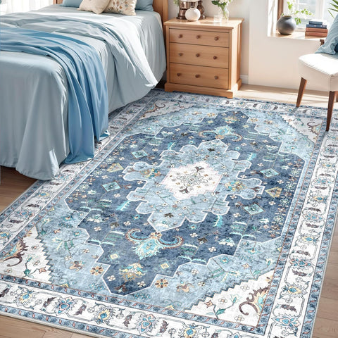 Area Rugs Boho Rug, Vintage Blue Washable Area Rugs Non Slip