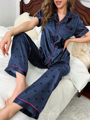 A Short - Sleeved Pajama Set with Hearts and Wide Stripes Womens Lingerie - Nimall