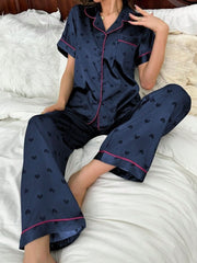 A Short - Sleeved Pajama Set with Hearts and Wide Stripes Womens Lingerie - Nimall