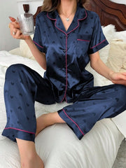 A Short - Sleeved Pajama Set with Hearts and Wide Stripes Womens Lingerie - Nimall