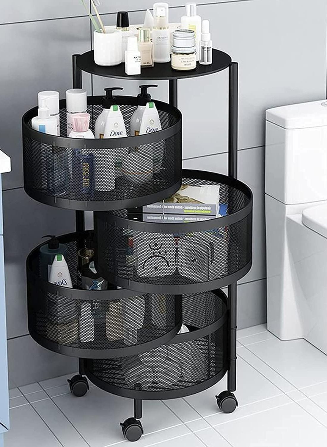 Bathroom shelves, four layers in a circular shape, with wheels, in black,NH008 AL162 - Nimall