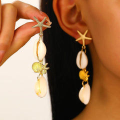 Beach Resort Wind Golden Conch Starfish Pendant Earrings Women - Nimall