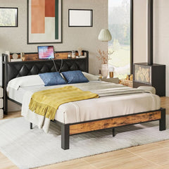 Bed Frame Queen Size, Storage Headboard with Outlets, Easy to Install, Sturdy and Stable, No Noise, No Box Springs Needed, Rustic Brown and Black (Queen, 160cm) - Nimall