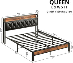 Bed Frame Queen Size, Storage Headboard with Outlets, Easy to Install, Sturdy and Stable, No Noise, No Box Springs Needed, Rustic Brown and Black (Queen, 160cm) - Nimall