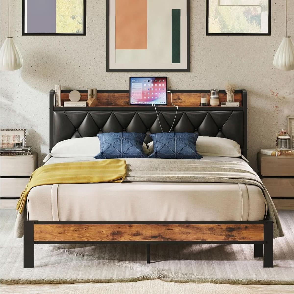 Bed Frame Queen Size, Storage Headboard with Outlets, Easy to Install, Sturdy and Stable, No Noise, No Box Springs Needed, Rustic Brown and Black (Queen, 160cm) - Nimall