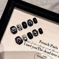 Black cat forest glass beads cat eye pure handmade wearing armor cute cat white daily short nail art sticker - Nimall