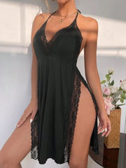 Bold Lace Trim Dress Halter Neck Backless Side Slit Womens Lingerie - Nimall