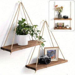 Chic Wooden Floating Shelf With Adjustable Hemp Rope - Perfect For Plants, Flowers & Decor | Easy Install, No - Damage Wall Mount Design | Ideal For Home & Garden - Nimall