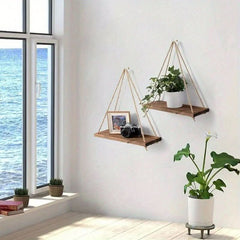 Chic Wooden Floating Shelf With Adjustable Hemp Rope - Perfect For Plants, Flowers & Decor | Easy Install, No - Damage Wall Mount Design | Ideal For Home & Garden - Nimall