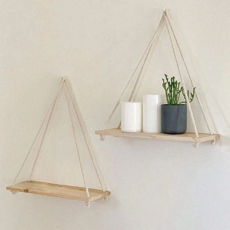 Chic Wooden Floating Shelf With Adjustable Hemp Rope - Perfect For Plants, Flowers & Decor | Easy Install, No - Damage Wall Mount Design | Ideal For Home & Garden - Nimall