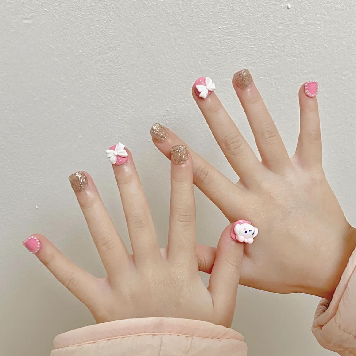 [Children's Wear Nail] Children's Nail Pink Bow Nail Art Cute Children's Wear Nail Art Reuse - Nimall