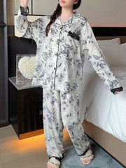 Contrast Color Ruffle Long Sleeve Pajama Set Womens Lingerie - Nimall