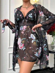 Contrast Floral Print Belted Robe Cami Dress Womens Lingerie - Nimall