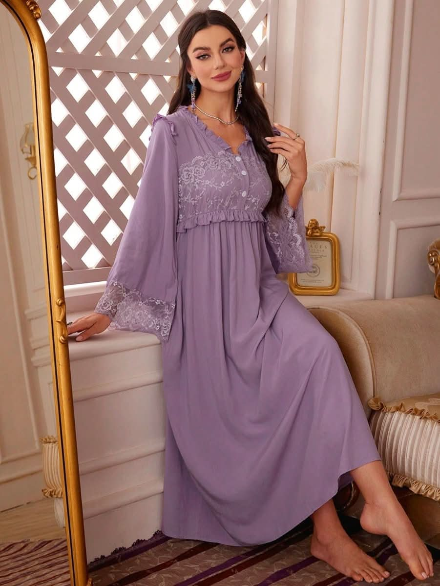 Contrast Lace Long Sleeve Nightgown Womens Lingerie - Nimall