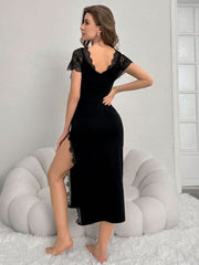 Contrast Lace Thigh Slit Nightgown Womens Lingerie - Nimall