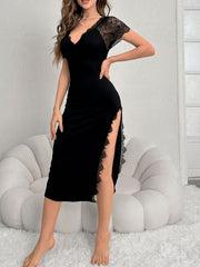 Contrast Lace Thigh Slit Nightgown Womens Lingerie - Nimall