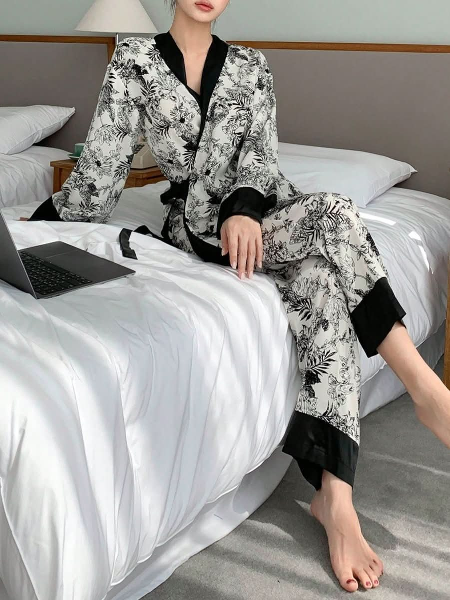 Contrast Striped Floral Print Side Knot Pajama Set Womens Lingerie - Nimall