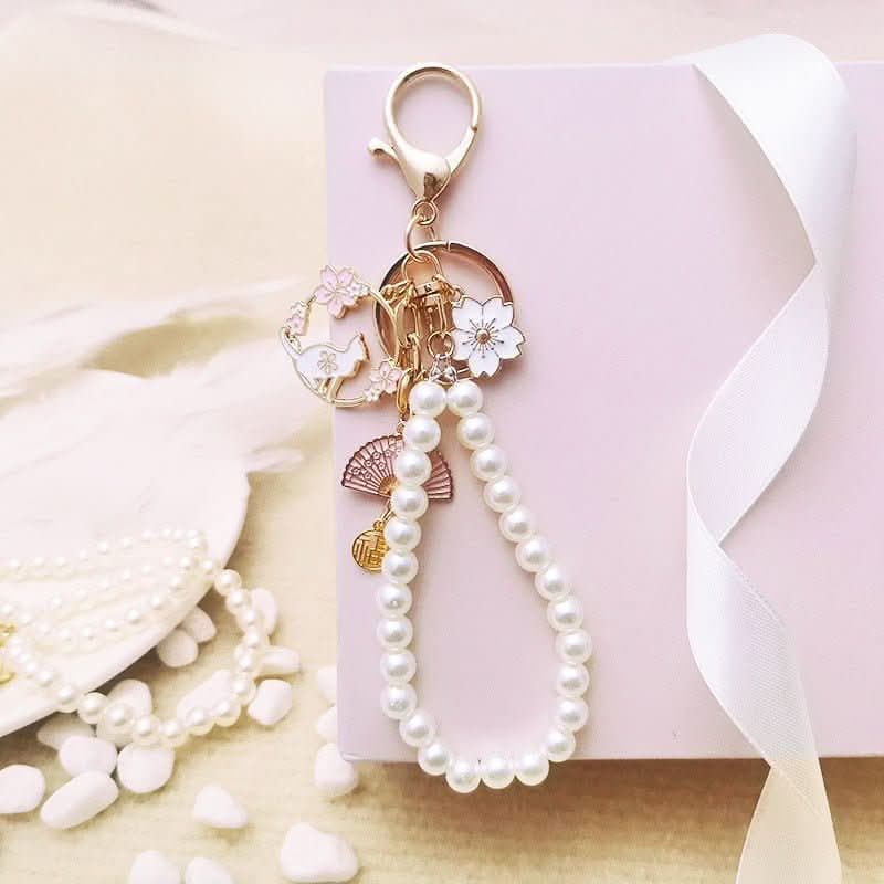 Cute Fu wreath pearl cherry blossom rabbit keychain bag pendant DIY gift U disk hanging pendant female gift - Nimall