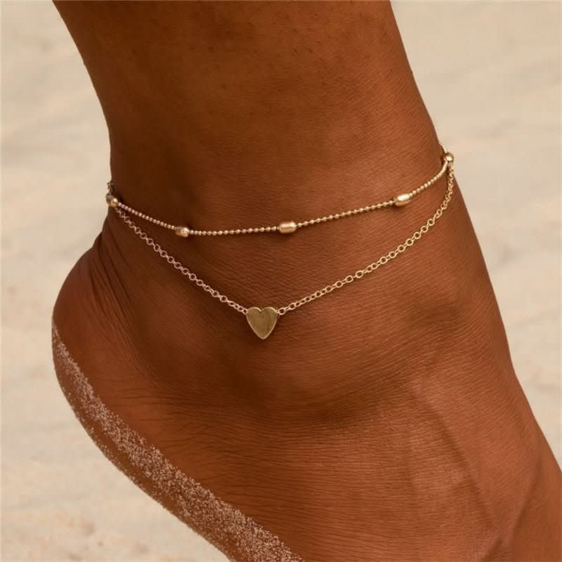 Double - layer love anklet, simple alloy heart - shaped anklet, beach foot chain. - Nimall