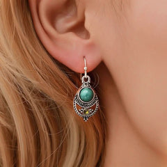 Ear jewelry turquoise pendant retro hollow carved earrings - Nimall